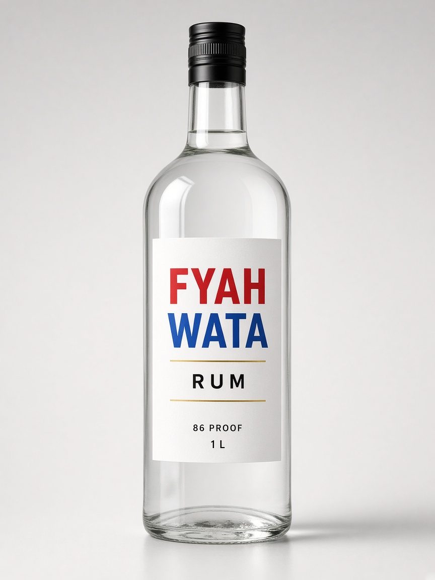 FYAH WATA Rum 1 litre bottle, 86 proof, white label with red FYAH and blue WATA